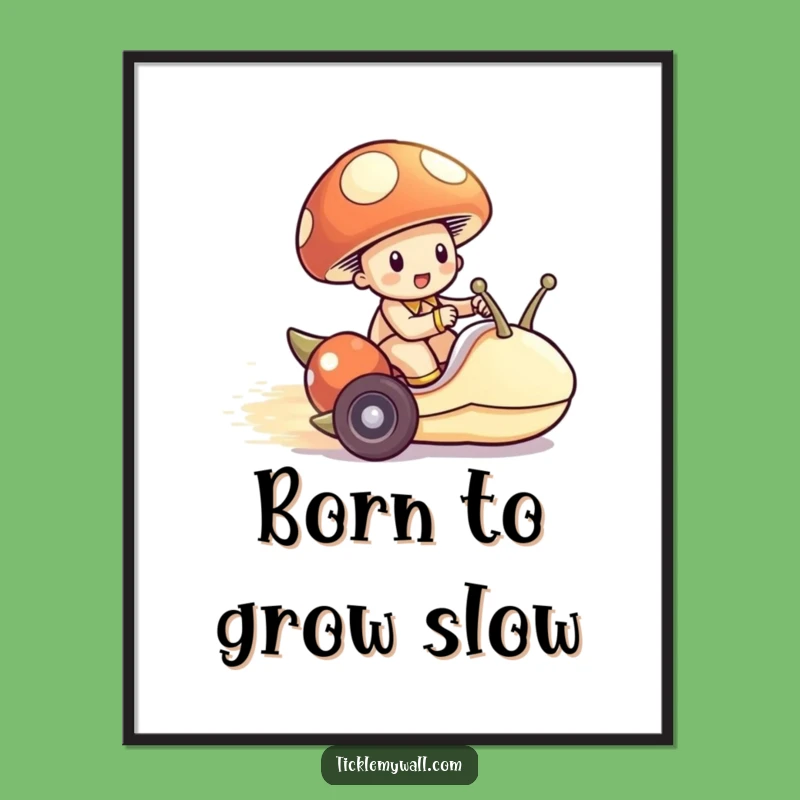 Funny Mushroom Snail Racer Digital Art: Whimsical Decor with Tiny Fun