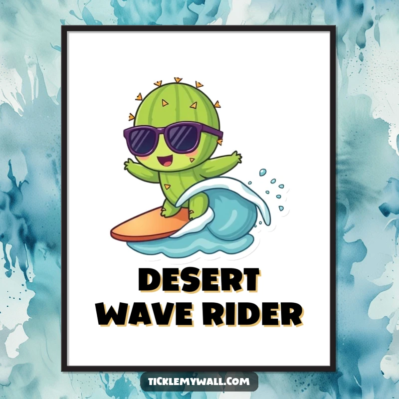 Funny digital art print of a cactus with sunglasses surfing a tiny wave, instantly downloadable cool and humorous decor.