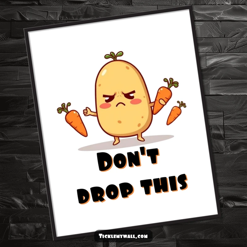 Funny Digital Art Print: A nervous potato character juggling tiny carrots, a comical and printable artwork.