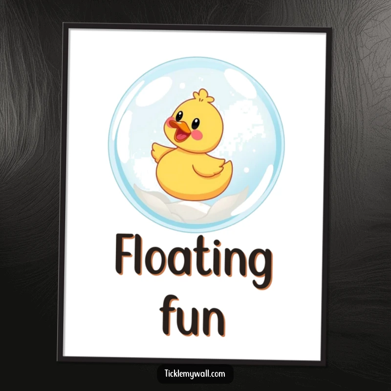 Funny digital art print of a gleeful rubber ducky riding a massive, iridescent bubble.