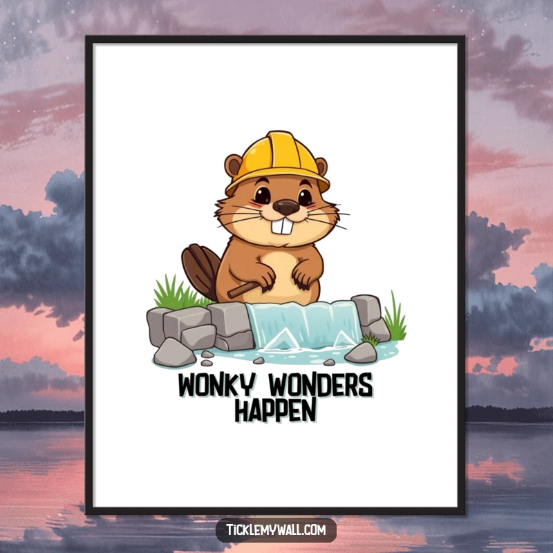 Funny digital art print of a goofy beaver in a hard hat building a wonky dam, ready to print.