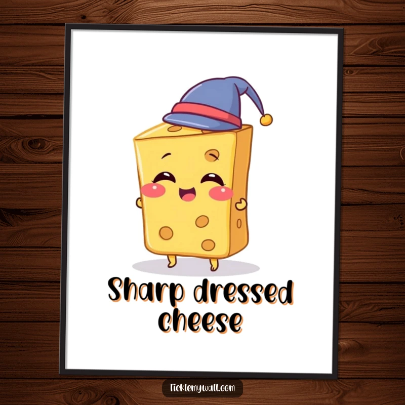 Funny Cheese Digital Art Print of a giggling slice of cheese amusingly wearing a tiny hat, perfect for instant whimsical decor.