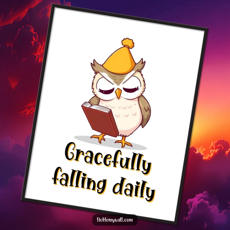 Funny digital art print of a clumsy owl wearing a hat, fumbling a book, ready to be printed and framed.