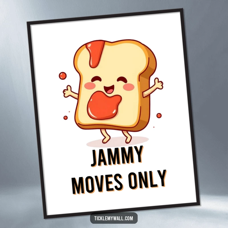 Funny dancing slice of toast with jam splattering playfully, as a downloadable digital art print for humorous decor.