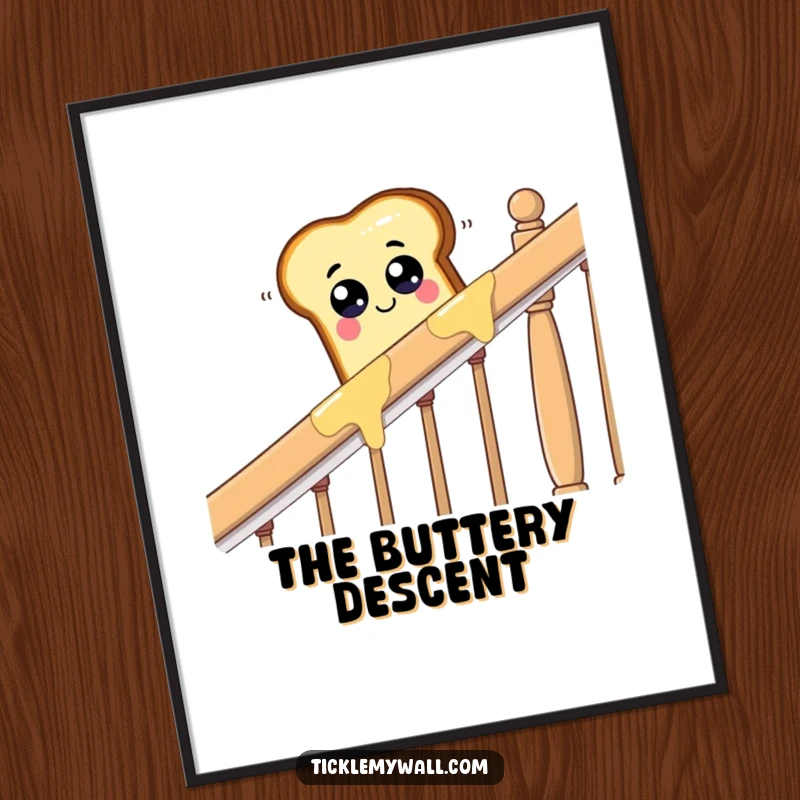Funny piece of toast with googly eyes sliding down a buttered banister, a humorous and vibrant printable digital art.