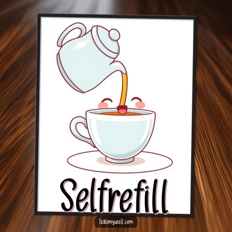 Funny digital art. A happy teacup comically pours itself a drink from a teapot. Whimsical and humorous beverage-themed wall decor.