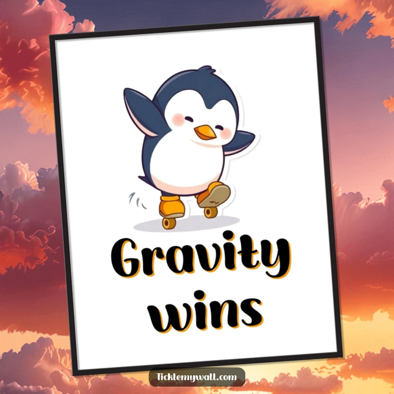 Funny digital art print of a penguin comically falling on roller skates. High-resolution, downloadable art for humorous wall decor.