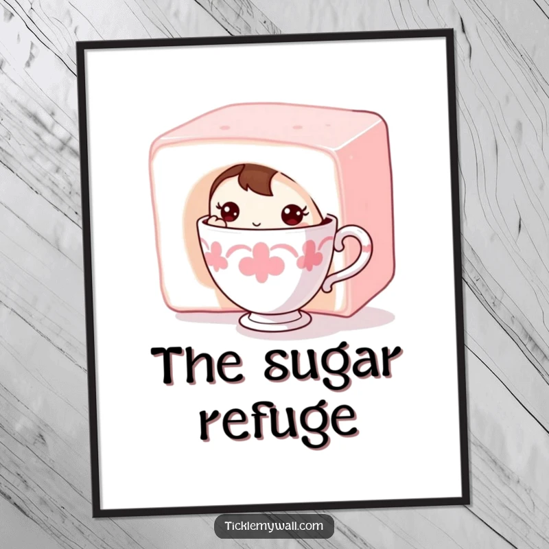 Funny Shy Teacup Digital Art Print: A shy teacup character hiding behind a sugar cube, creating sweet and humorous digital art.