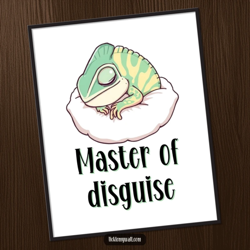 Funny Chameleon Pillow Digital Art Print, a chameleon disguised as a fluffy pillow, snoring peacefully, humorous wall art.