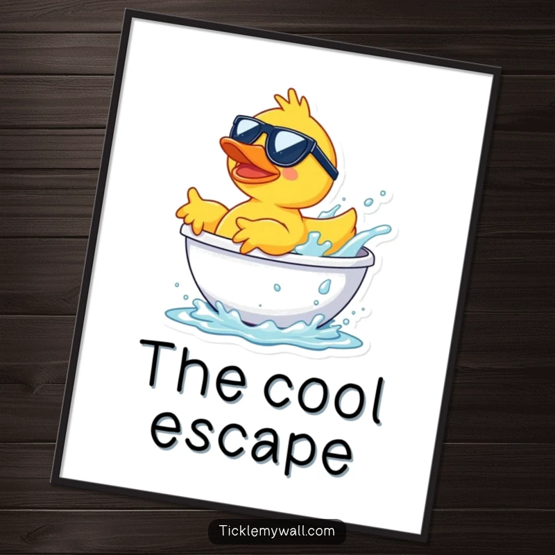 Funny rubber duck in sunglasses launching from a bathtub splash, a humorous and vibrant printable digital art.