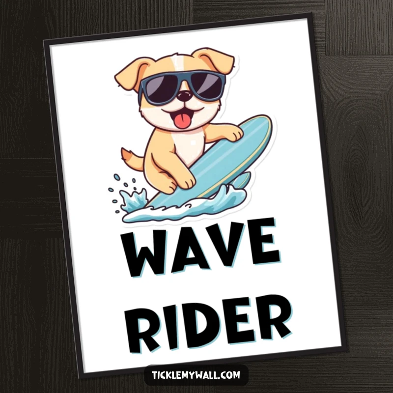 Funny digital art print of a dog wearing sunglasses, attempting to surf. High-resolution, downloadable art for humorous beach decor.