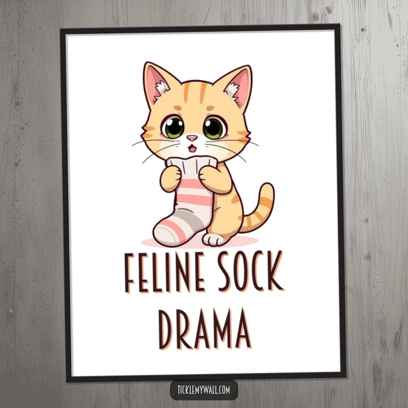 Funny digital art print of a surprised cat comically attempting to wear a tiny sock, perfect for humorous wall decor.
