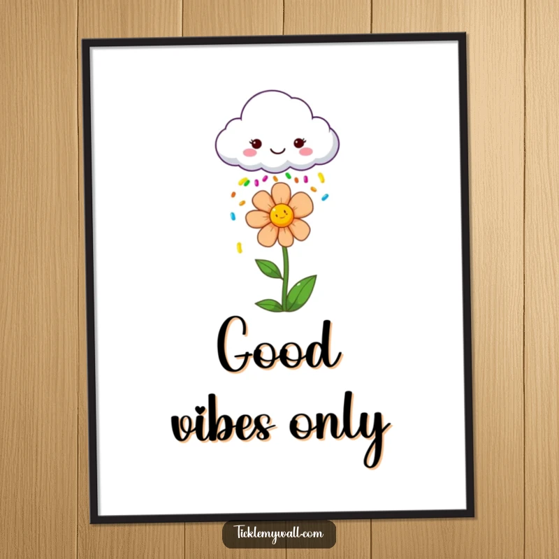 Funny digital art print of a happy cloud showering a flower with colorful sprinkles, a vibrant and cheerful decoration.