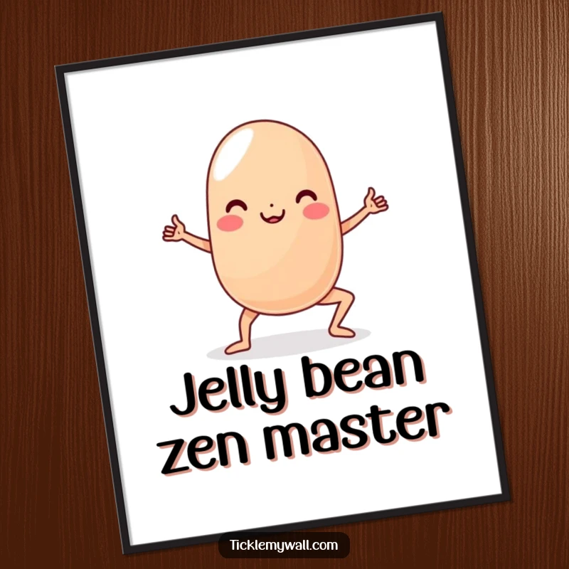 Funny Yoga Jelly Bean Digital Art Print: A wobbly jelly bean character mid-yoga pose, creating a humorous and cheerful digital artwork.