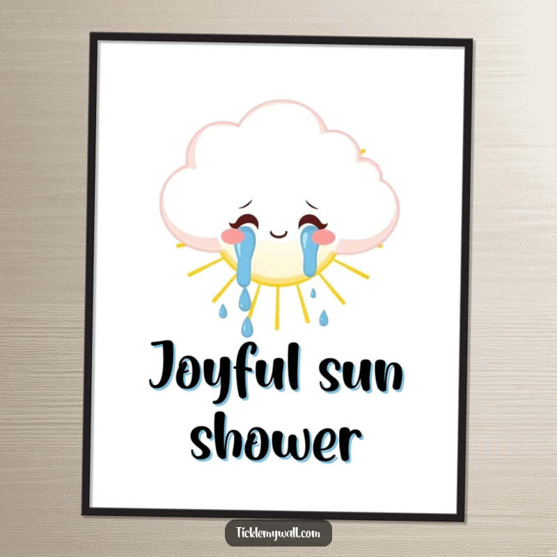 Funny fluffy cloud weeping tears of joy onto a sun, instant download wall art, whimsical happy decor.