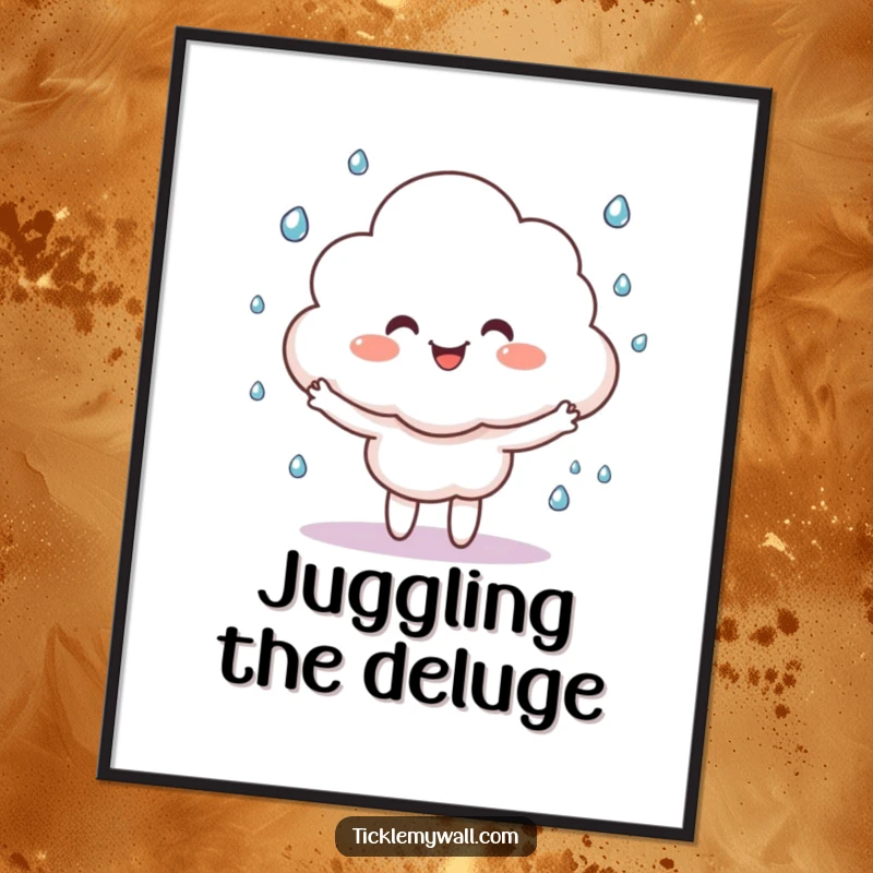 Funny happy cloud character juggling tiny raindrops, as a downloadable digital art print for humorous decor.