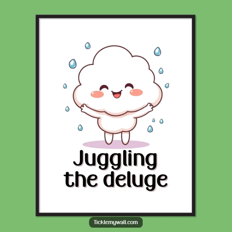 Funny Happy Cloud Digital Art, Instant Rain Juggling Download, Whimsical Wall Decor