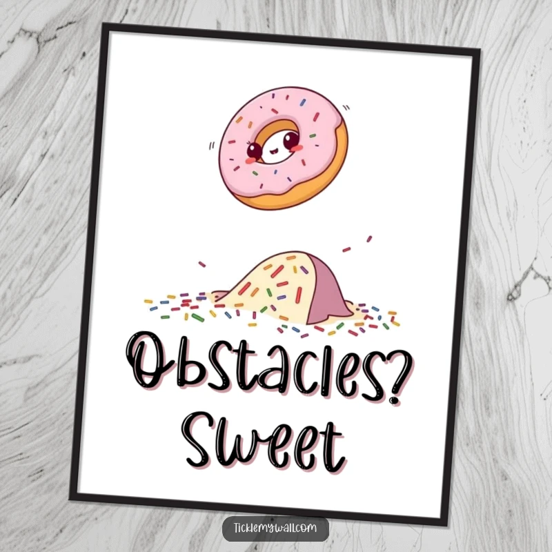Funny donut digital art print of a determined donut mid-leap over scattered sprinkles, perfect for humorous wall decor.