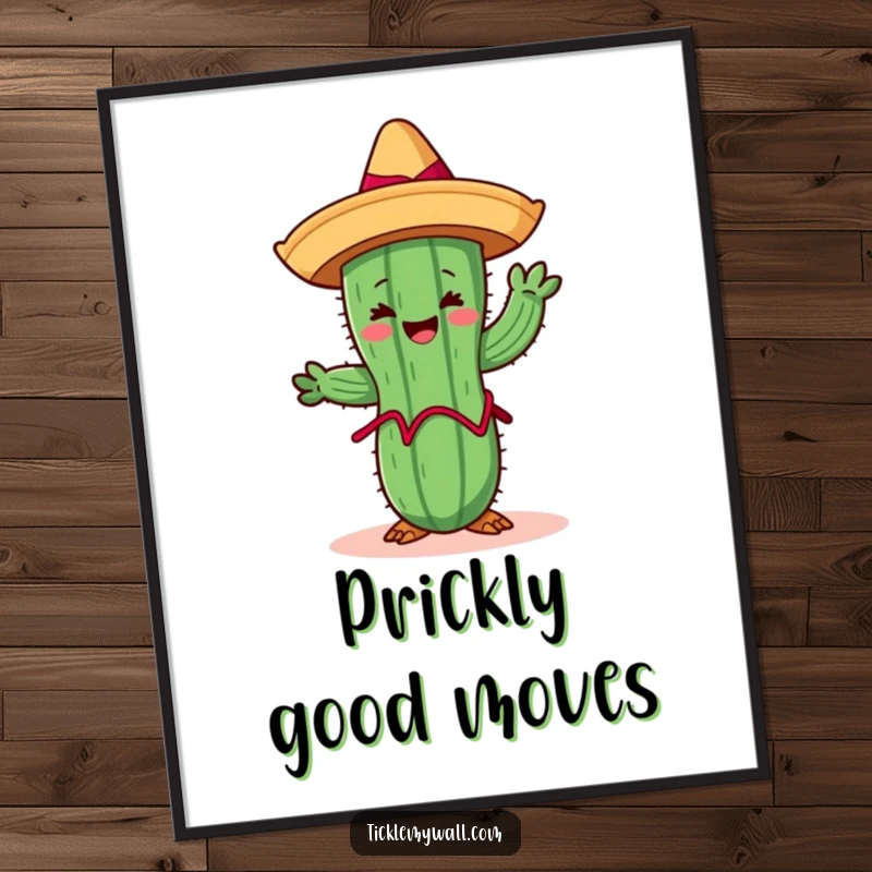 Funny Limbo Cactus Digital Art Print: A cheerful cactus wearing a sombrero limboing, humorous and festive artwork.