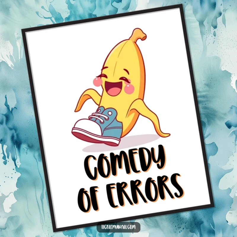 Funny banana peel digital art print, tripping a surprised shoe, downloadable humorous artwork, perfect funny gift.