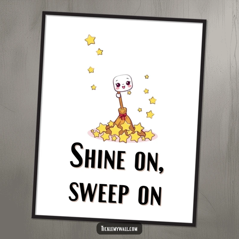 Funny happy broom digital art print showing the broom joyfully sweeping giggling stars, a whimsical and magical illustration.