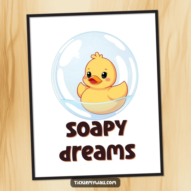 Funny digital art print of a rubber ducky trapped inside a giant bubble. High-resolution, downloadable art for humorous bathroom decor.