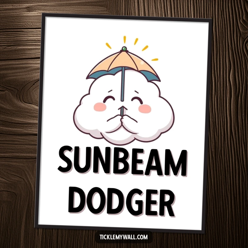 Funny digital art. A nervous cloud with a tiny umbrella attempts to block a single sunbeam, offering humorous and relatable wall decor.