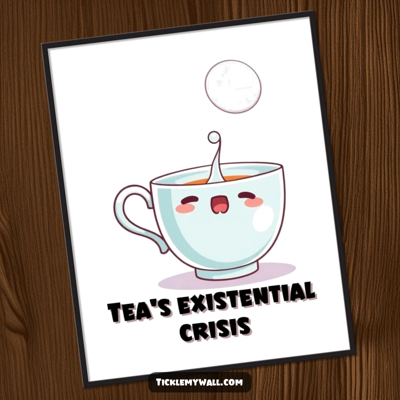 Funny startled teacup spilling a single, large bubble, as a downloadable digital art print for humorous decor.