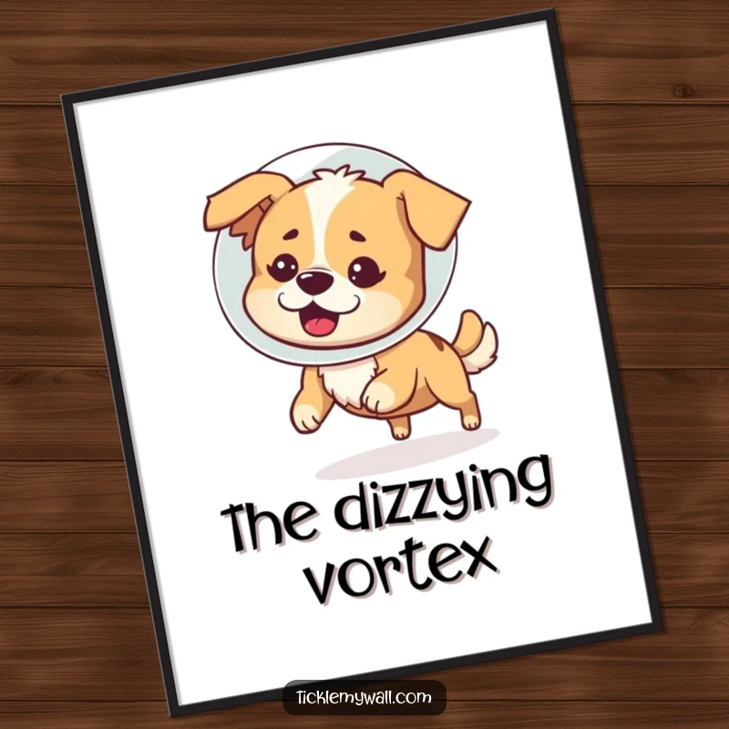 Funny digital art print of a bewildered dog in a cone of shame hilariously chasing its tail, instantly downloadable humorous wall decor.