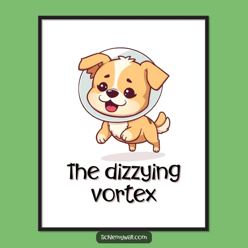 Funny Dog Cone Digital Print: Bewildered Pup Chasing Tail, Instant Humor Decor Gift