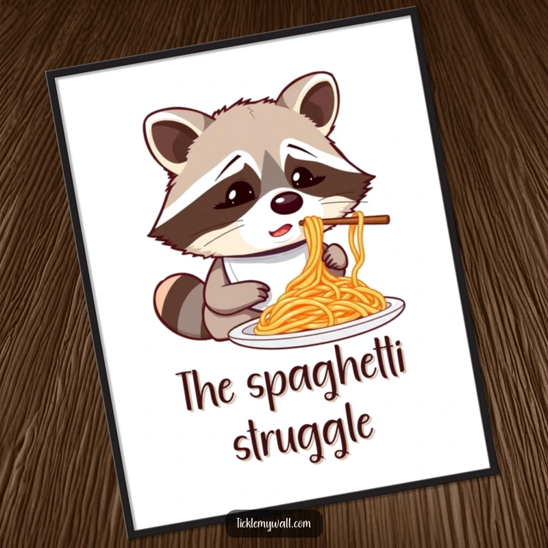 Funny confused raccoon wearing a bib attempting to eat spaghetti with chopsticks, a humorous and vibrant printable digital art.