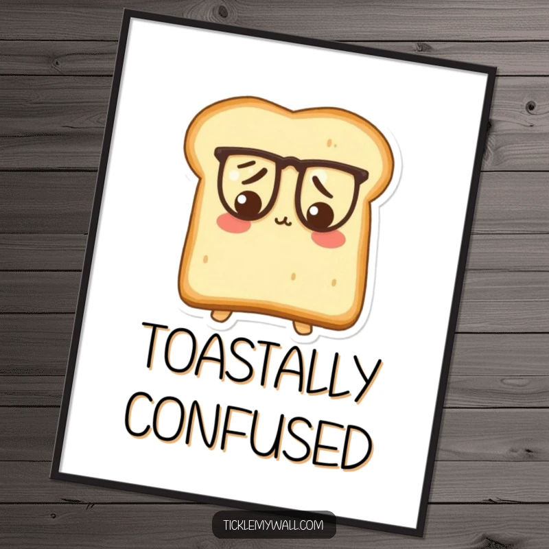 Funny Puzzled Toast Digital Art Print: A confused piece of toast wearing large spectacles, humorous and intellectual artwork.
