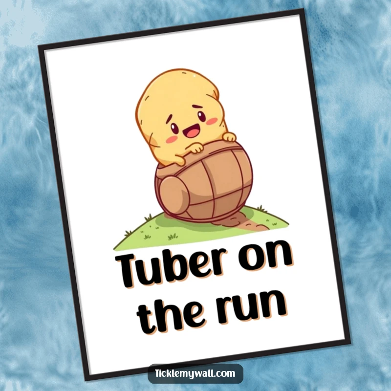 Funny determined potato rolling down a hill inside a tiny barrel, presented as an instant digital art print for humorous decor.