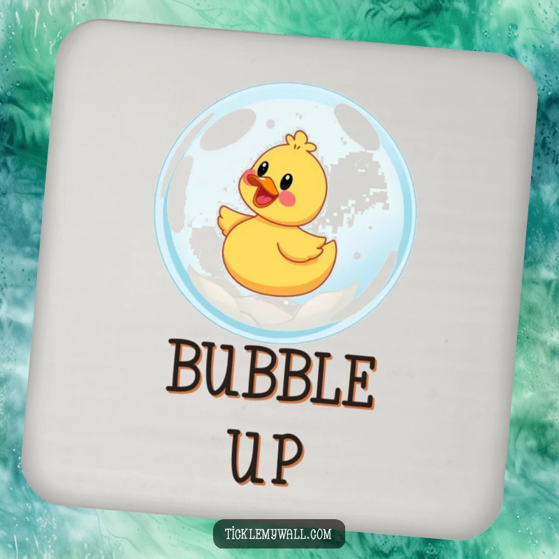 Funny coaster showing a happy rubber ducky riding a large bubble.