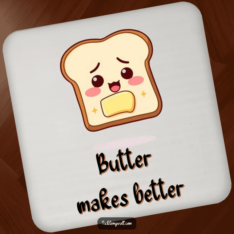 Funny drink coasters featuring determined toast reaching for butter, adding humor and protection to surfaces.