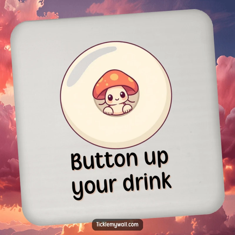Funny shy mushroom peeking from behind a giant smiling button on a drink coaster, a small but humorous addition.