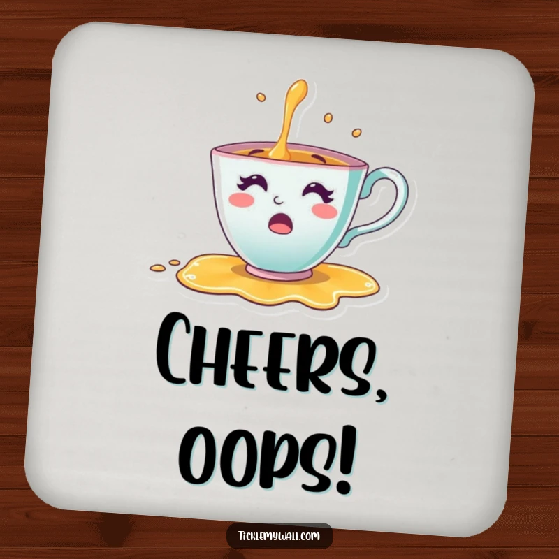 Funny Teacup Coaster showcasing a cheerful teacup character spilling its tea in a surprise, protecting surfaces with humor.