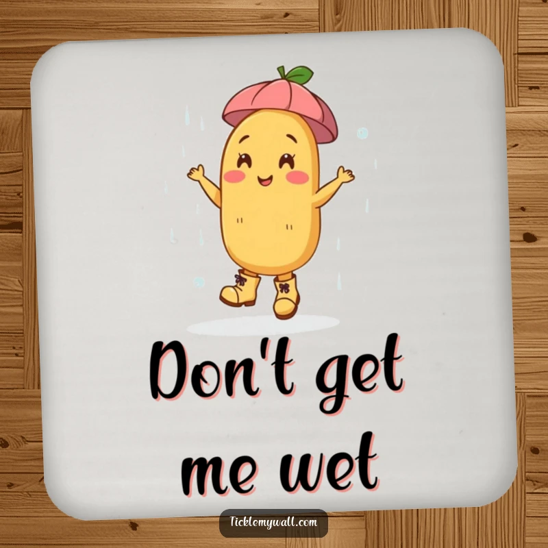Funny Dancing Potato Boots Rain Coaster: Happy potato in boots dances in rain, a funny coaster.