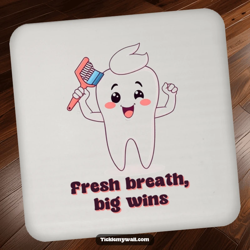 Funny drink coaster featuring a cartoon toothbrush flexing muscles after brushing a giant tooth, offering surface protection with humor.