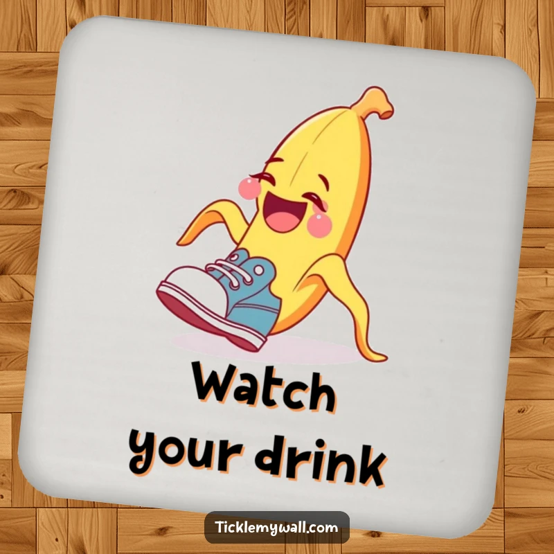 Funny banana peel coaster, tripping a surprised shoe, humorous table protector, perfect funny gift.