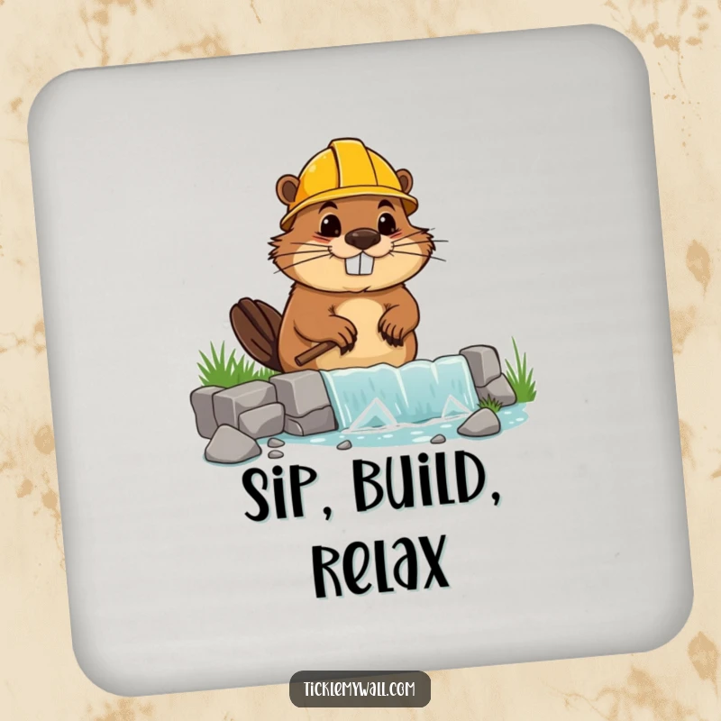Funny drink coasters depicting a goofy beaver in a hard hat building a wonky dam, protecting surfaces.