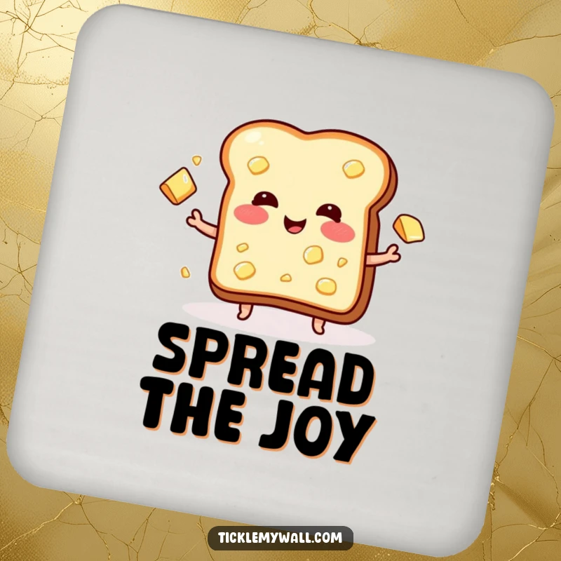 Funny drink coaster with a blushing piece of toast merrily juggling multiple pats of butter, protecting surfaces.