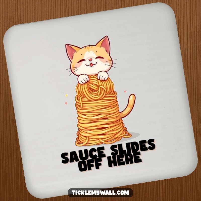 Funny Cat Spaghetti Balance Coaster: A cat balancing spaghetti shields your table from rings, a funny coaster.