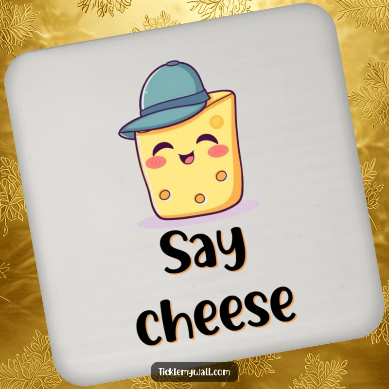 Funny coaster showing a giggling slice of cheese trying to wear a tiny hat.