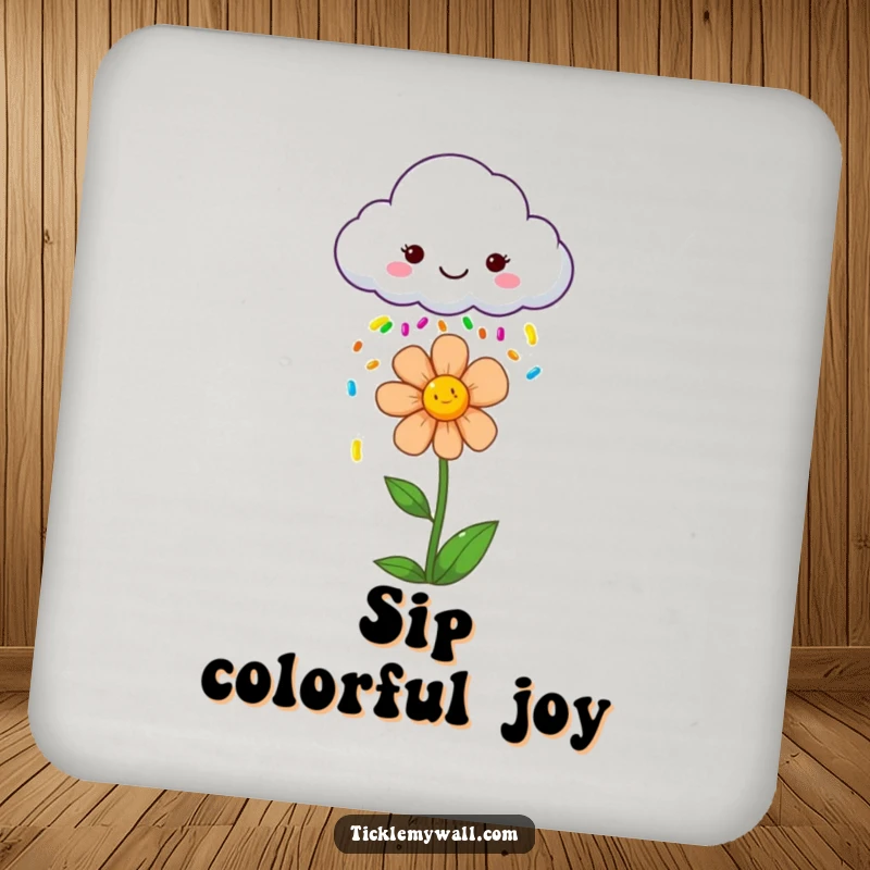 Funny drink coaster with a smiling cloud raining colorful sprinkles onto a joyful flower, adding a touch of happiness.
