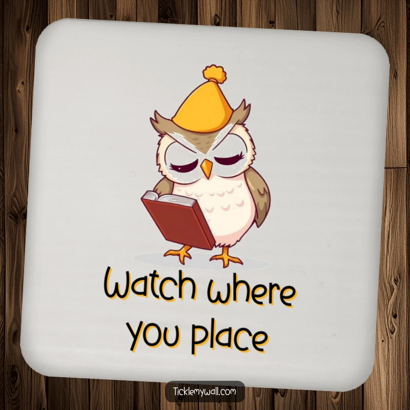 Funny drink coasters depicting a clumsy owl tripping over a book, protecting surfaces with a smile.