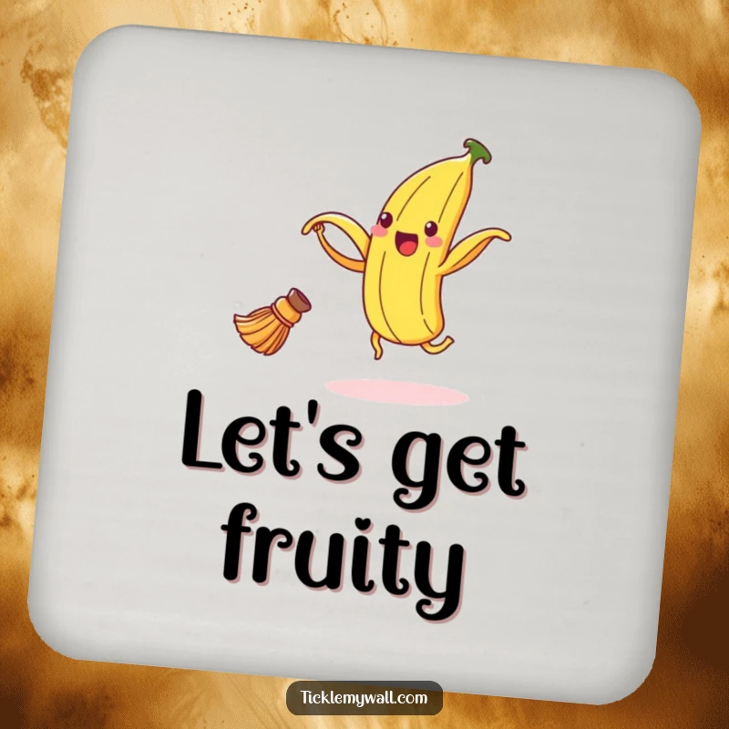 Funny banana peel coasters set showing a delighted peel dancing with a broom, protecting surfaces with humor.
