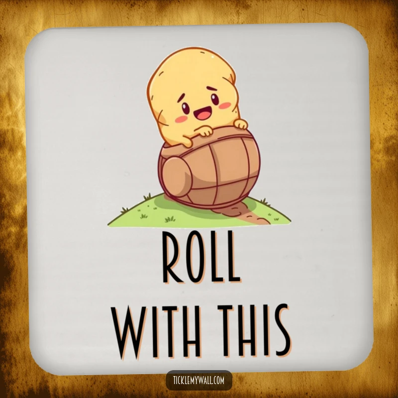 Funny determined potato rolling down a hill inside a tiny barrel on a drink coaster, a small but humorous addition.