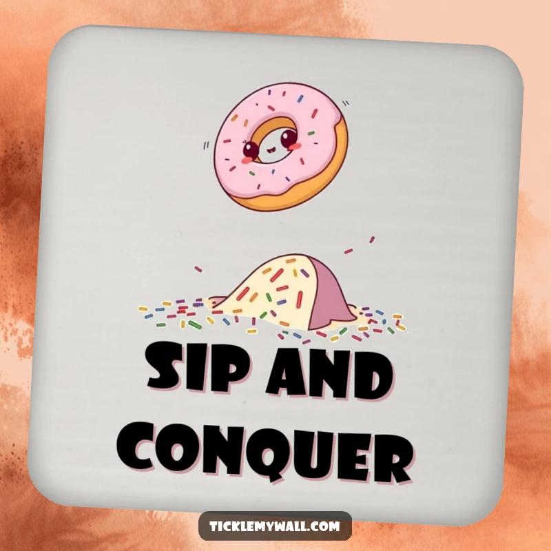 Funny donut coasters set featuring a determined donut leaping over a sprinkle obstacle, protecting surfaces with humor.