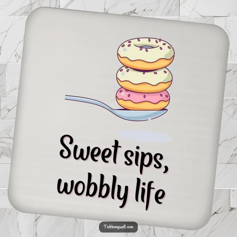 Funny drink coaster with a wobbly donut stack humorously balancing a spoon, offering surface protection with a side of dessert comedy.